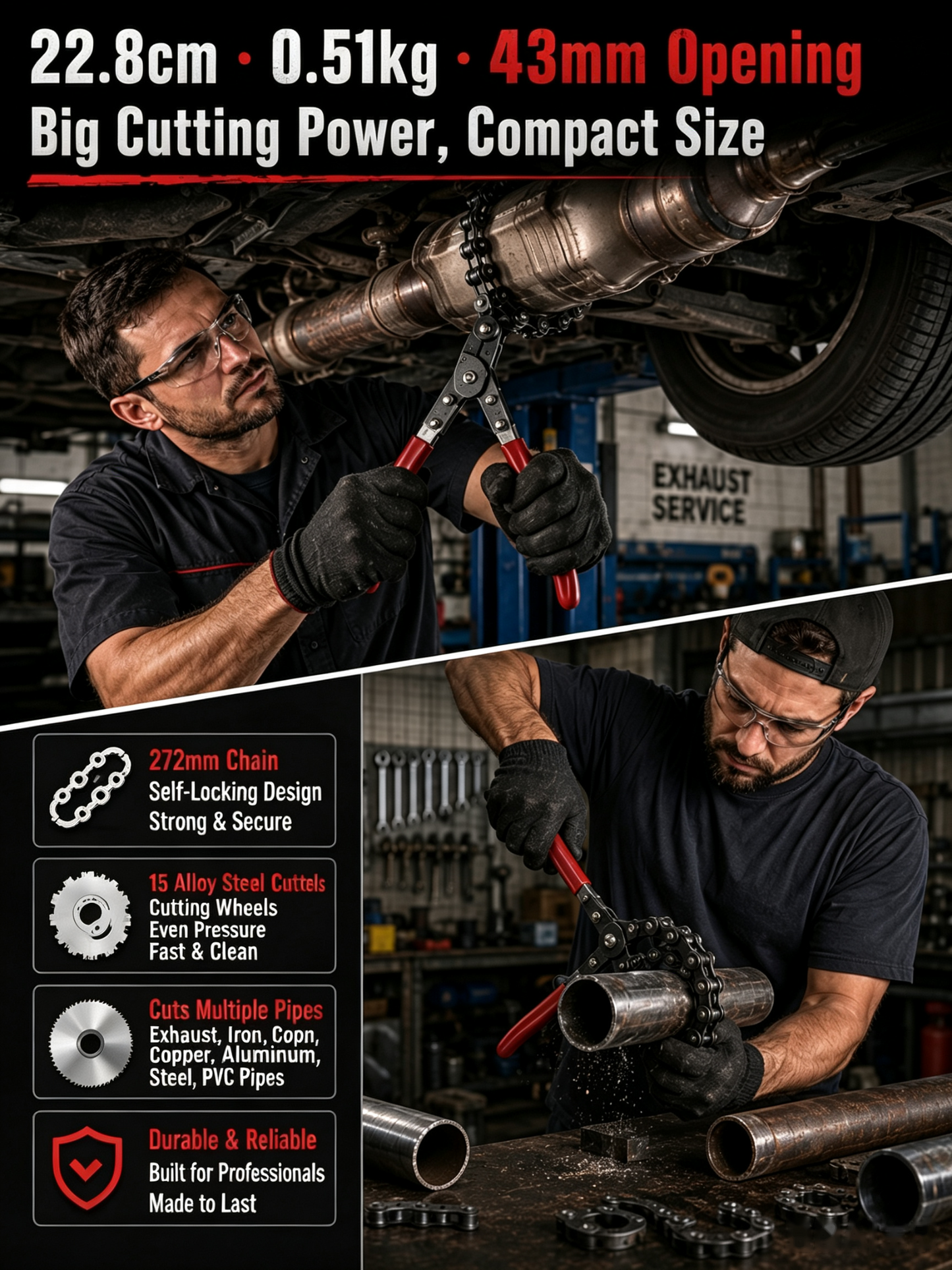 Exhaust Pipe Cutter, Portable Burr-Free Cutting Tool for Auto Exhaust & Catalytic Converter