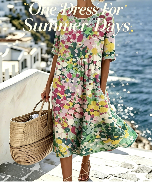 Watercolor Floral Midi Dress | Summer Beach Loose Pocket Dress