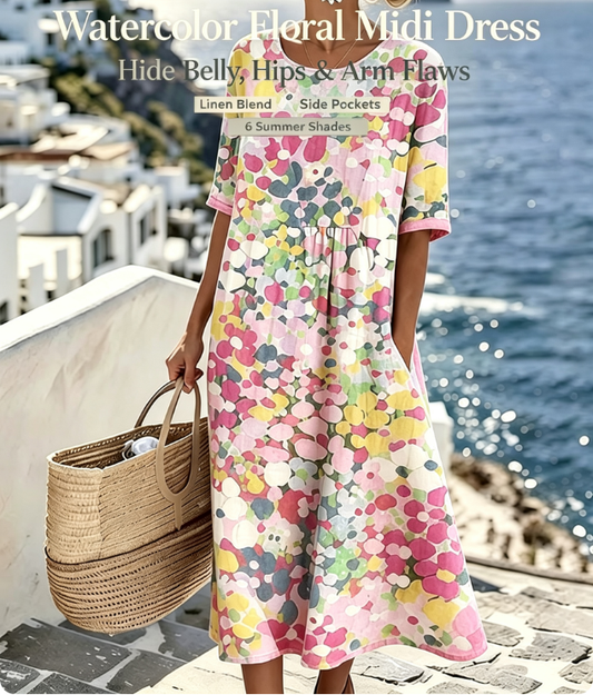 Watercolor Floral Midi Dress | Summer Beach Loose Pocket Dress
