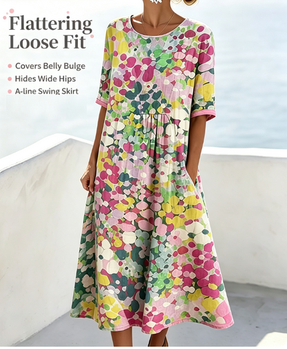 Watercolor Floral Midi Dress | Summer Beach Loose Pocket Dress