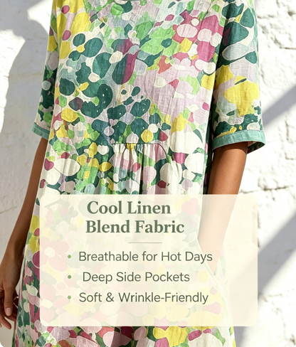 Watercolor Floral Midi Dress | Summer Beach Loose Pocket Dress