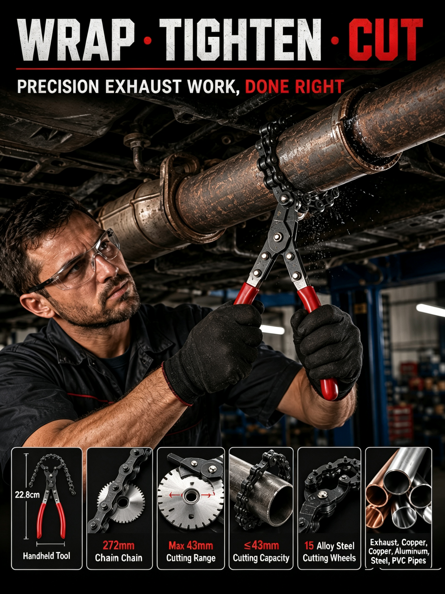 Exhaust Pipe Cutter, Portable Burr-Free Cutting Tool for Auto Exhaust & Catalytic Converter