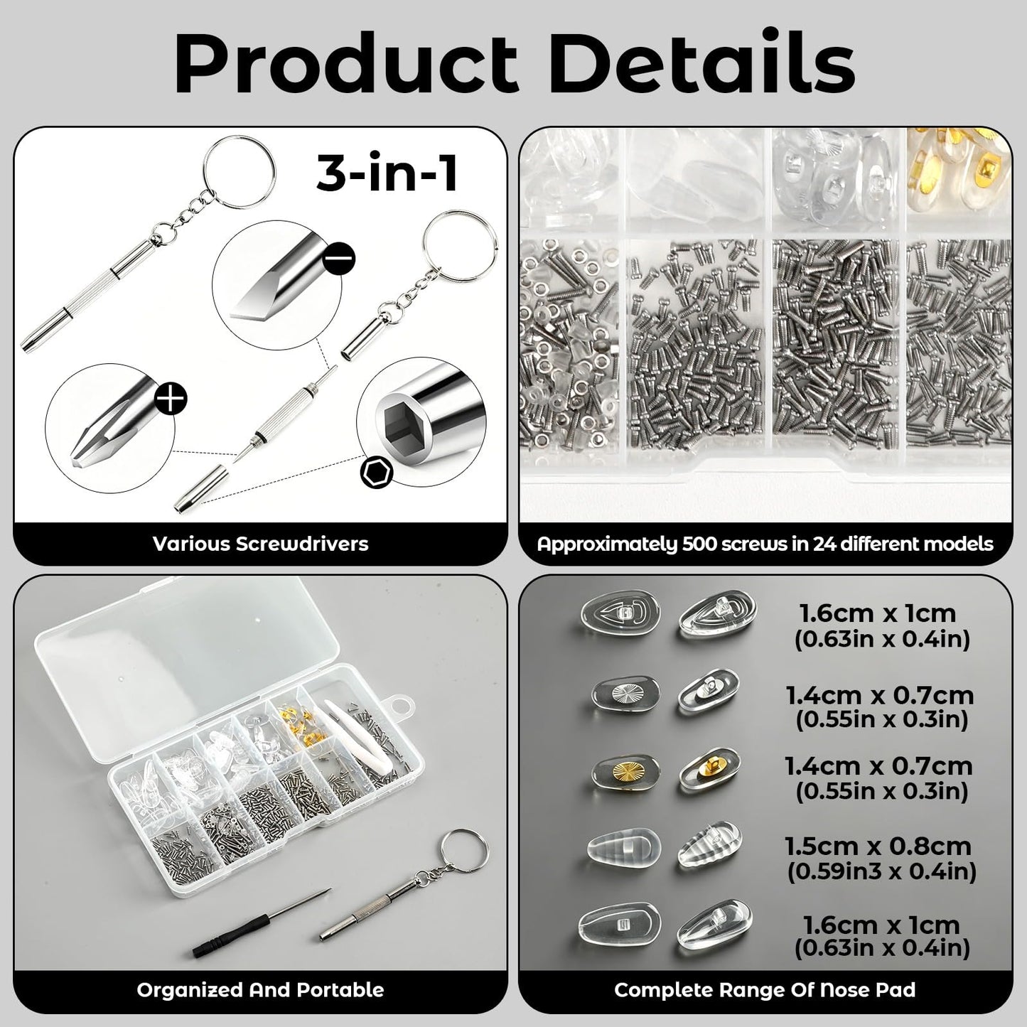 Complete Eyeglass Repair Kit with Anti-Slip Silicone Nose Pads