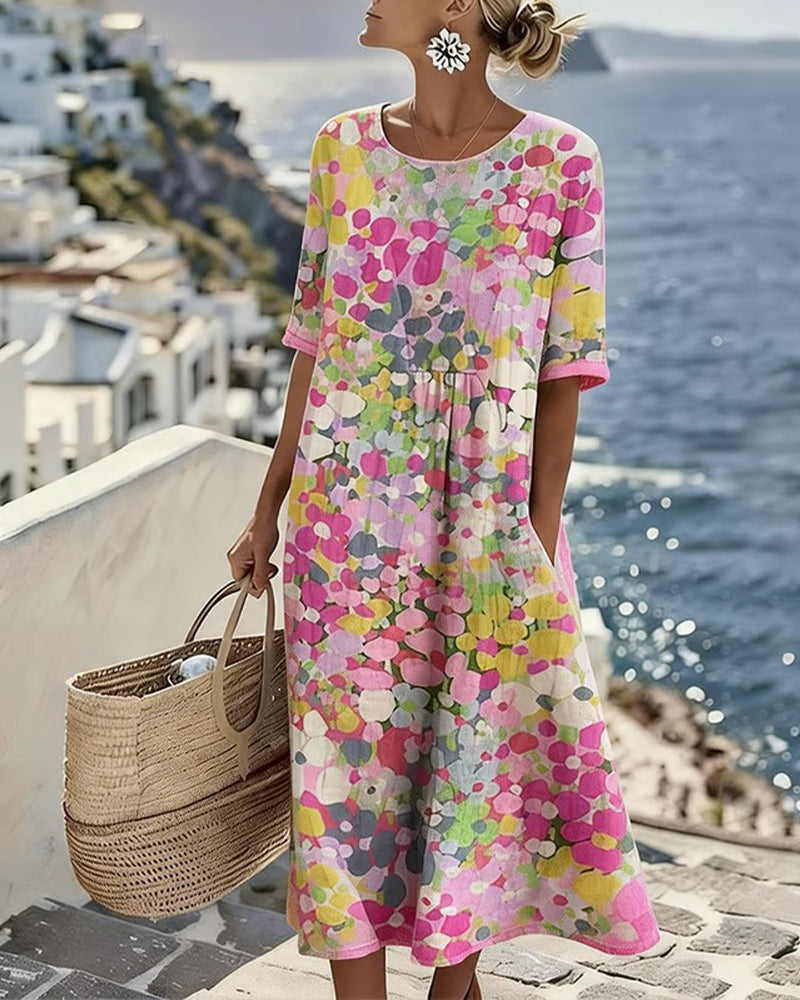 Watercolor Floral Midi Dress | Summer Beach Loose Pocket Dress