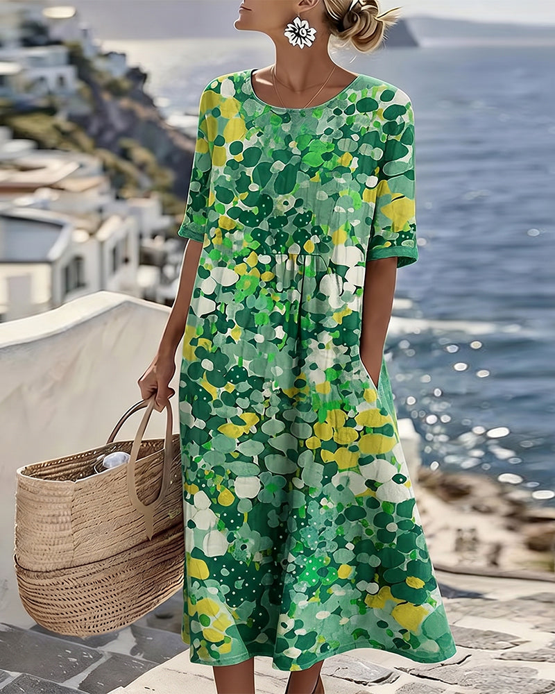 Watercolor Floral Midi Dress | Summer Beach Loose Pocket Dress