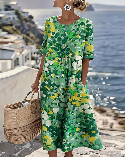 Watercolor Floral Midi Dress | Summer Beach Loose Pocket Dress