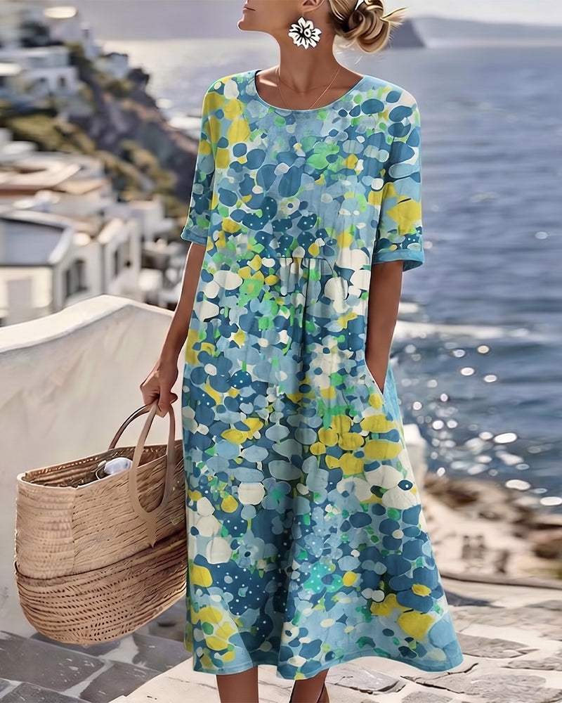 Watercolor Floral Midi Dress | Summer Beach Loose Pocket Dress