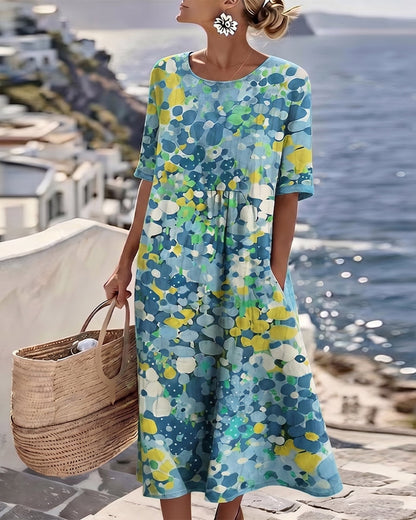 Watercolor Floral Midi Dress | Summer Beach Loose Pocket Dress